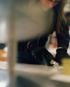 Detail shot of materials being shaped for a bespoke lamp by Studio Elémentaires
