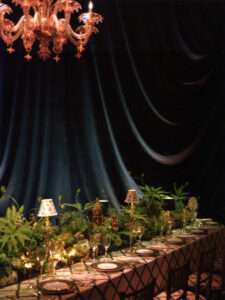 Elegant dining setup with refined decorations at Dior party in Venice Arsenal