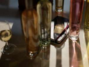 Detailed view of Krug Champagne bottle in a refined setting